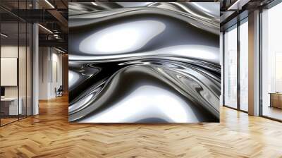 Close up texture of liquid glossy silver metal fluid gradient waves abstract background Wall mural