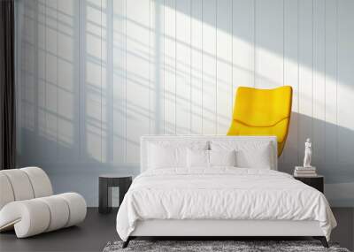 Contemporary room with a vibrant yellow chair in front of white panel walls. Clean, bright space with gentle window shadow overlays. Yoga and meditation studio banner, calm and minimalist Wall mural