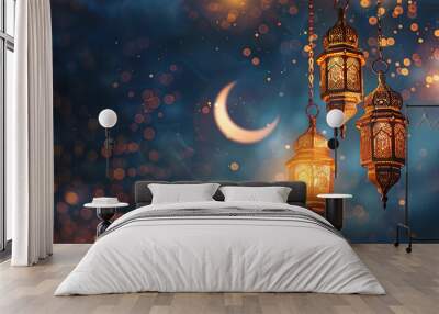 Crescent moon and golden lanterns on ornamental dark blue navy Ramadan Kareem background with bokeh, magic festive atmosphere, Minimalist Islamic dark navy backdrop, glowing decorated light, beautiful Wall mural