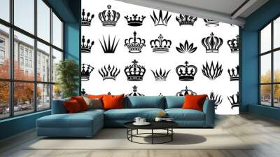 Crown icon set. Crown sign collection. Crown king or queen mega icon set. Royal crown symbol. Heraldic vector flat black silhouettes isolated on white background. Royal head accessories, hat emblem  Wall mural