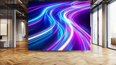 Fast neon light streaks. Blue and purple curved lines creating a sense of speed and movement. Futuristic laser energy effect. Vertical texture poster header banner cover design template Wall mural