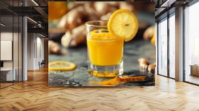 Ginger and turmeric wellness shot in a small glass with a lemon slice. Wall mural