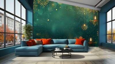 Opulent Diwali celebration scene with a rich emerald green background, decorated with intricate gold mandalas and sparkling fireworks bursting in the night sky. Oriental festival of lights. Ramadan Wall mural