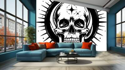 Scull gothic tattoo icon, y2k aesthetic, vector 90s vintage glam, black and white urban print. Monochrome vintage photocopy effect. Vector illustration for grunge punk surreal poster Wall mural