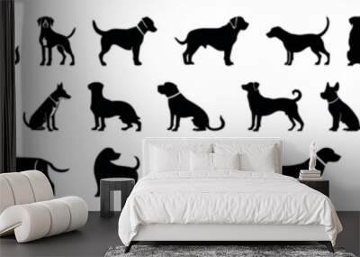 Set of  black silhouettes of a dog, vector, isolated collection. Dogs group standing or sitting of different breed. Dog breeds silhouettes, simple style clipart. Companion and toy dogs collection Wall mural