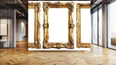 Set of empty natural vintage gold frame element set on transparent background. Antique gold picture mirror frames. golden photo frame isolated. PNG file, cut out. Realistic border rectangular picture Wall mural