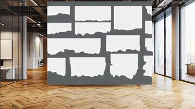 Set of white torn or ripped paper sheet. Scrapbook edge, notebook tear or blank page split vector illustration. Abstract realistic ornament or decoration clip art for social media banner background Wall mural