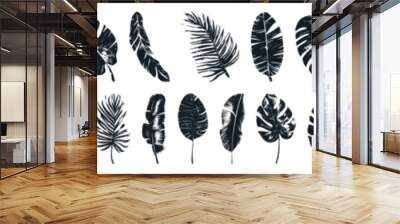 Silhouette jungle leaf large collection. Abstract black palm tropical rainforest leaves. Decorative plants. Graphic foliage silhouettes and elements for design isolated on white background. Vector set Wall mural