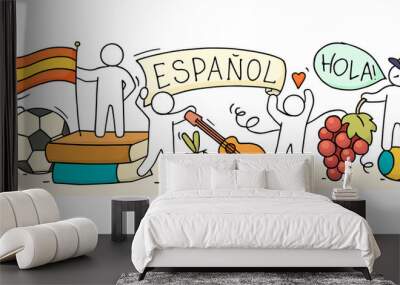 Banner with little peoplen and spanish symbols. Wall mural