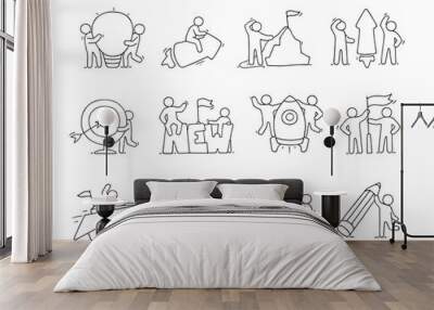 Cartoon set of sketch little people with creative symbols. Wall mural