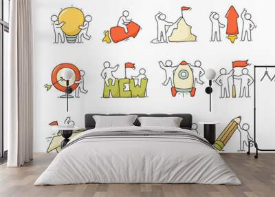 Cartoon set of sketch little people with creative symbols. Wall mural