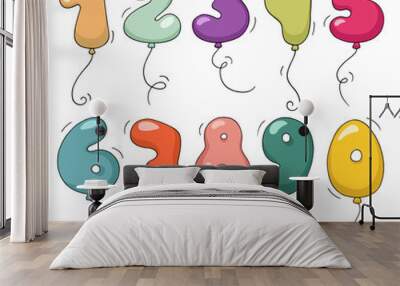 Cute colorful bubble shaped numbers set. Cartoon air balloons in the form of numbers. Doodle collection for birthday party, kids desigh, funny infitations. All numbers are grouped separately. Wall mural