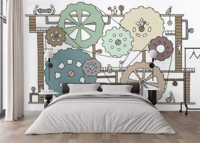 Sketch of people teamwork, gears, production. Doodle cartoon mechanism with machinery and cogwheels. Hand drawn vector illustration for business design isolated on white. Wall mural