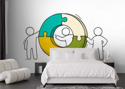 Sketch of working little people with puzzle, teamwork. Wall mural