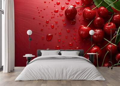  Fresh and Ripe Cherries Splashing Water on a Red background Wall mural