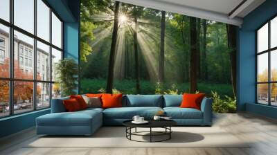 beautiful rays of sunlight in a green forest  | morning in the forest Wall mural