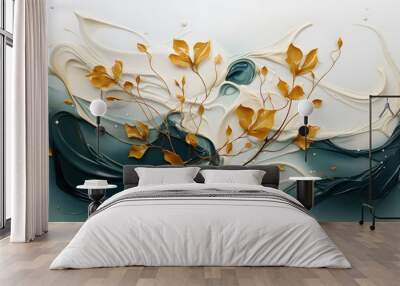 Abstract background with golden leaves and splashes of paint Wall mural