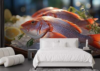 Fresh red tilapia fish with lemon and herbs on ice in restaurant Wall mural