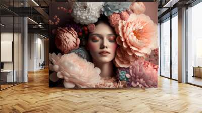 Abstract retro portrait of a woman with her head covered with a large bouquet of natural pink flowers and eyes closed on pastel background, concept of people in love. Generative AI Wall mural