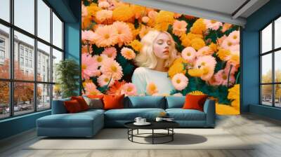 Fashion model blonde woman with closed eyes and white t-shirt, surrounded by colorful flowers in a meadow in spring. Spring. Illustration, Generative AI Wall mural