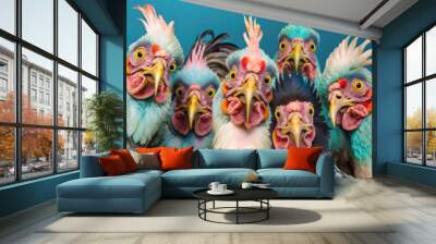 Selfie Concept. A group of pastel colored roosters taking self portrait and competing to be protagonists.  Illustration. Generative AI Wall mural