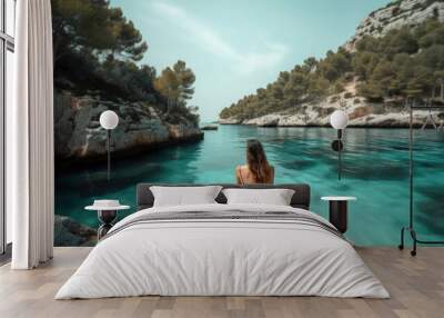 Woman in front of a cove with crystal clear water in the Mediterranean looking at the sea, surrounded by rocks on the island of Mallorca, Spain, Summer vacation. Illustration. Generative AI Wall mural