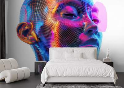 Futuristic Cyber Face, Neon colors and grid pattern, Digital Age on a transparent background. Generative AI Wall mural