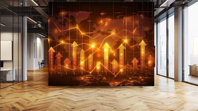 Global economic growth, digital world map, glowing upward arrows, abstract financial trends, data visualization, prosperity Wall mural