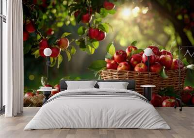 Orchard Harvest, Basket of red apples under apple tree with sunlight, Fresh Produce. Wall mural