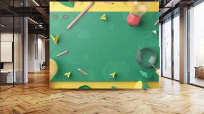 Back to school. green chalkboard space with pencil, magnifying glass, bulb and paper airplane elements Wall mural