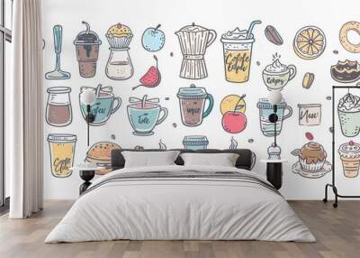 Coffee shop icons that transport you to a whimsical world of caffeine and creativity Wall mural