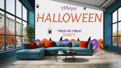 Vector illustration of a banner for halloween party.Spiders,orange and purple scary pumpkins on a gray background.Text.Graphic element for banner,greeting cards,invitation,poster or website. Wall mural