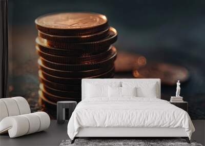 Stack of coins on a black background representing money, currency, and wealth Wall mural