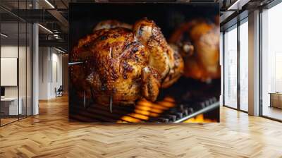 A whole chicken roasting on a rotisserie attachment over the grill turning golden as it cooks evenly in the circulating heat Wall mural