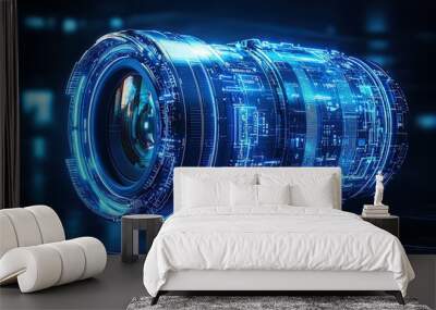 Abstract blue digital camera lens with neon circuitry floating in a dark void with ample space on the side for custom text or branding Wall mural