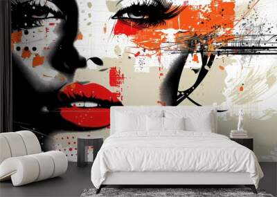 Abstract urban scene featuring a fashionable young woman with fragmented city elements and bold expressive lines for a modern lifestyle background Wall mural