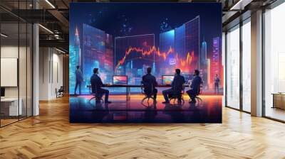 An entrepreneurial business team is engaged in a discussion and analysis of stock market trading graphs, focusing on their investment strategies and stock trading decisions Wall mural