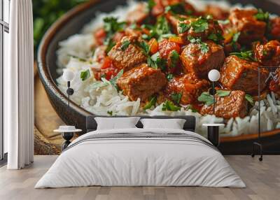 Close up of a savory Indian masala dish with tender pieces of meat bathed in thick sauce served on fragrant basmati rice the rich aroma of spices filling the air Wall mural