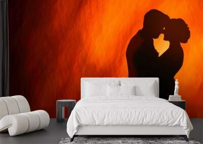 Couples shadows merging at sunset on a vivid orange background in a dramatic silhouette art style with copyspace Wall mural