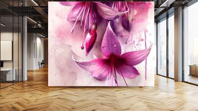 Crafting a watercolor fuchsia design where the droplets of color mimic the dance of the delicate flowers Wall mural