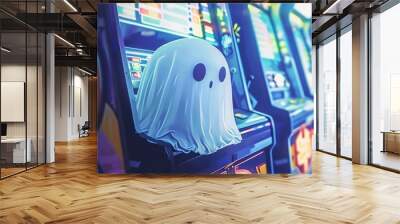 Cute ghost in a blue neon lit arcade illustration Halloween theme techy and whimsical glowing arcade machines Wall mural