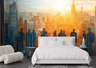 Digital human resources icon set against a modern cityscape, illustrating corporate recruitment technology. Wall mural