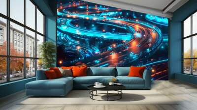 Digital transportation network illuminated by neon blue depicting the seamless flow of futuristic mobility Wall mural