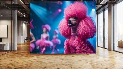 Elegant pink poodle hosting a glamorous fashion show models strutting on the runway with avant garde animal outfits Wall mural