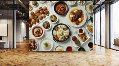 International Cuisine a white table filled with dishes from various cultures, and culinary diversity food from different countries. Wall mural