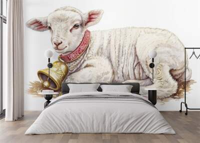 Precious lamb with a bell around its neck Watercolor illustration Wall mural