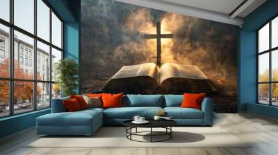 Sacred text lies open with a cross at its heart divine light illuminating its pages from the heavens above Wall mural