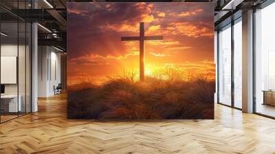 Wooden cross religious symbol A humble wooden cross standing against a serene sunset symbolizing faith and resilience in spirituality Wall mural