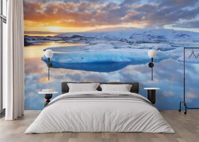 Icebergs in Jökulsárlón glacier lake at sunset Wall mural