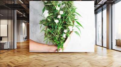 beautiful bouquet of white flowers and cannabis for a loved one who likes to get high Wall mural